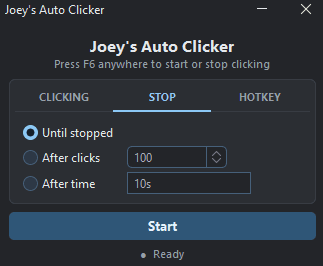 An image showing stop settings such as going until stopped, how many clicks, or how long.