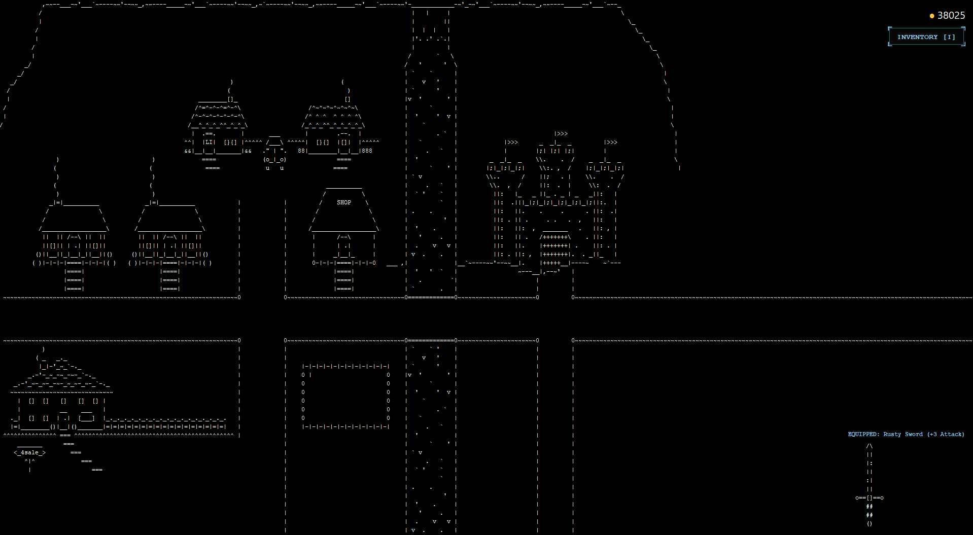 ASCII-art town with houses, a shop and a castle, with the coin count and inventory in the corner