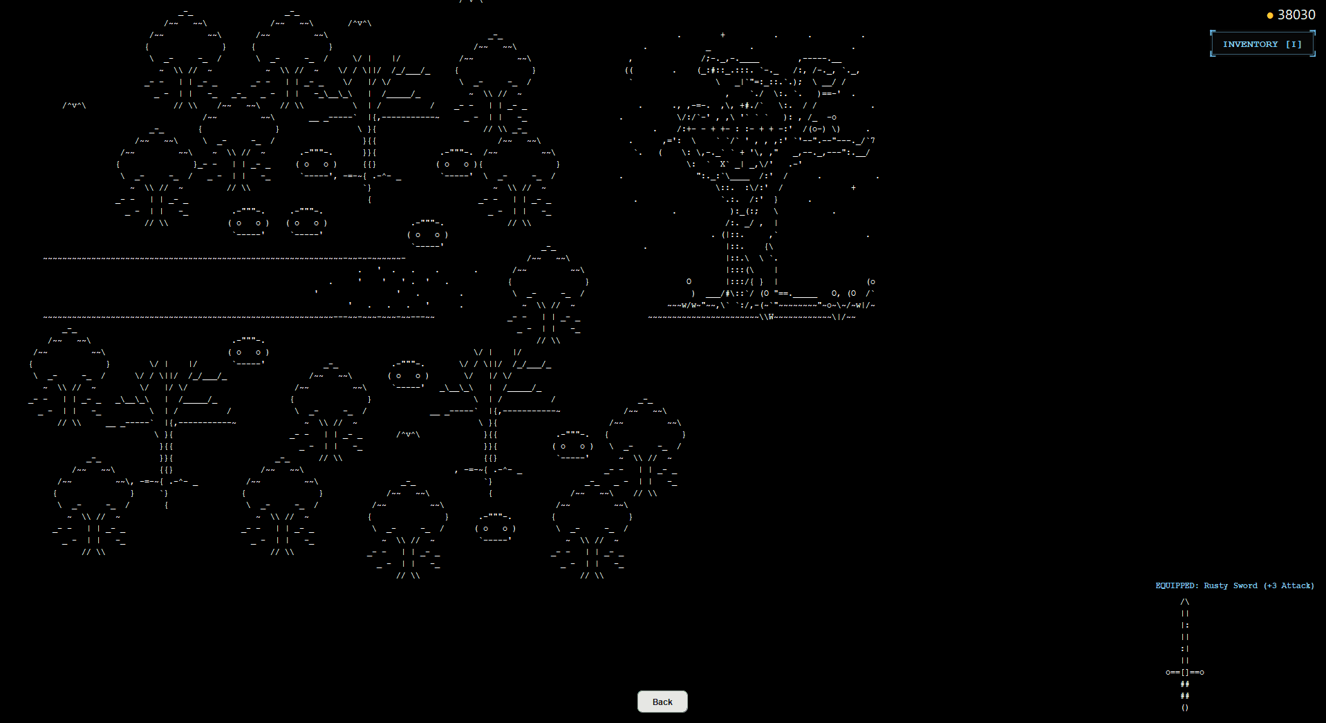 ASCII-art forest full of trees and slime enemies, with the equipped Rusty Sword shown